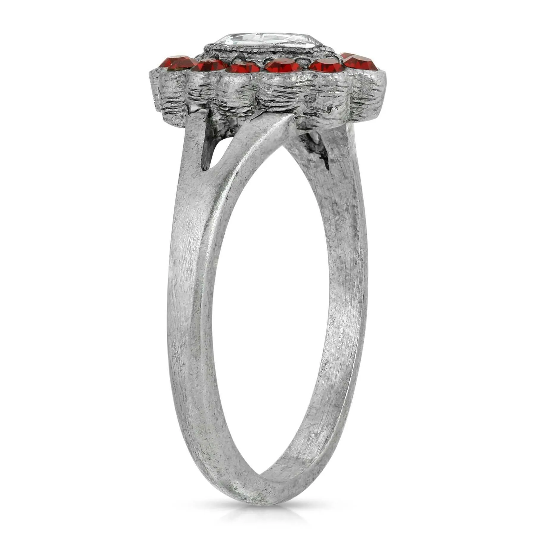 1928 Jewelry Pewter Diamond Shaped Crystal With Red Crystals Ring Size 7