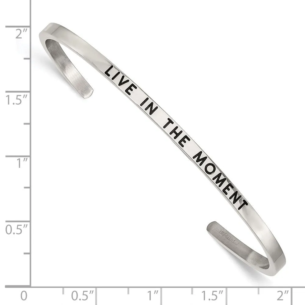 3mm Stainless Steel Enamel & Crystal LIVE IN THE MOMENT Cuff Bracelet