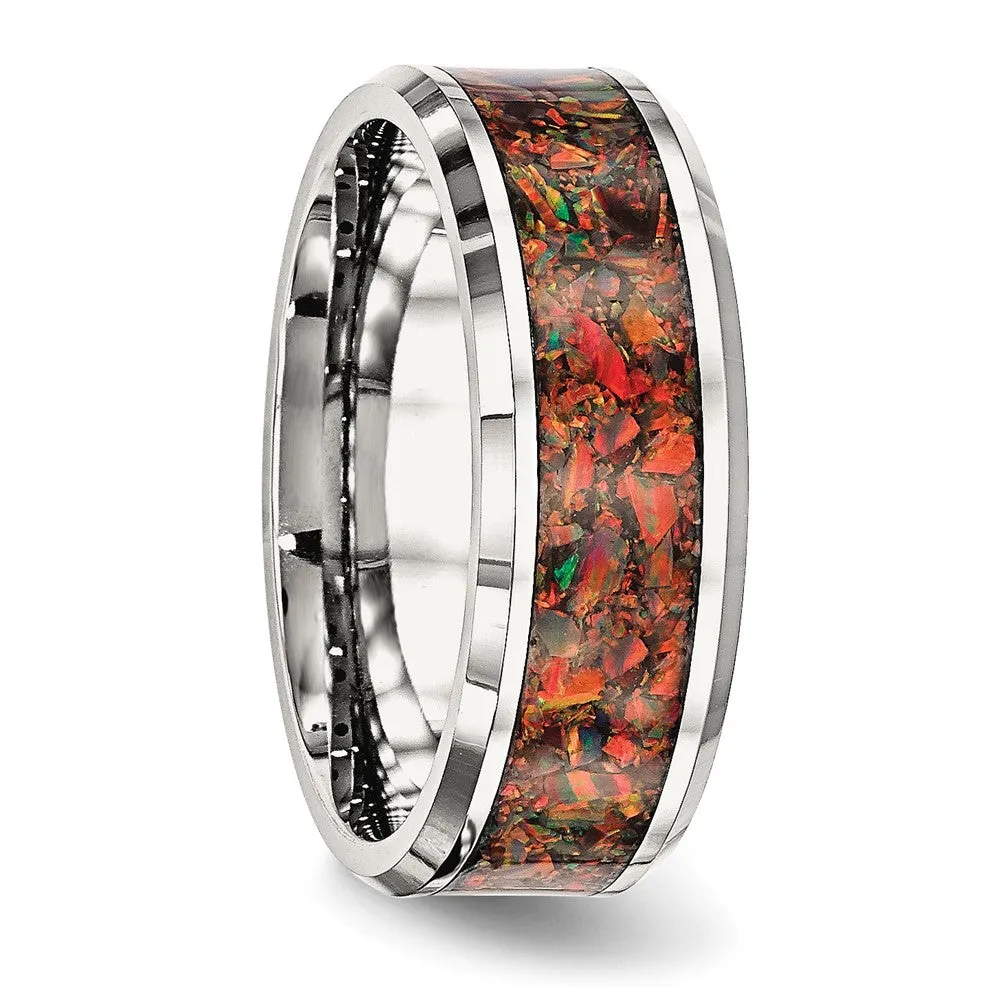 8mm Stainless Steel Red Imitation Opal Inlay Comfort Fit Band