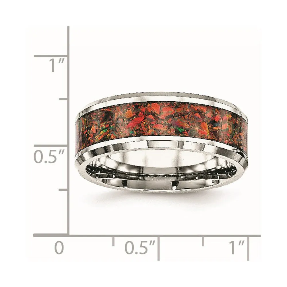 8mm Stainless Steel Red Imitation Opal Inlay Comfort Fit Band