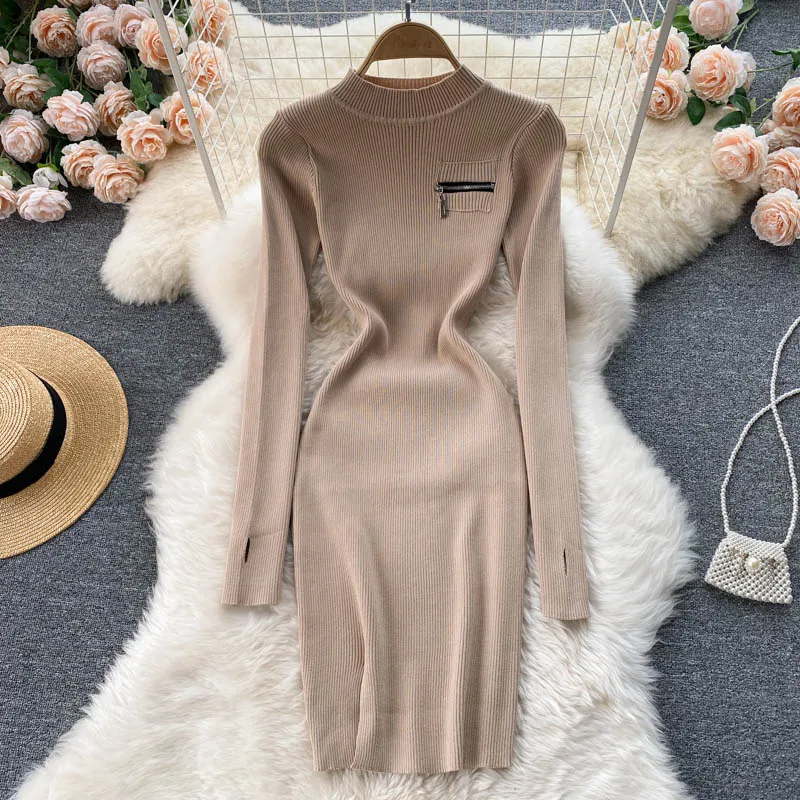 Autumn Winter Elegant Sexy Ribbed Knitted Bodycon Dress Warm High Neck Long Sleeve Zipper Mini Dress