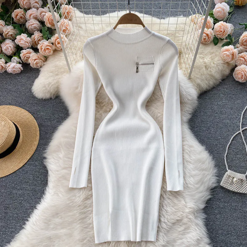 Autumn Winter Elegant Sexy Ribbed Knitted Bodycon Dress Warm High Neck Long Sleeve Zipper Mini Dress