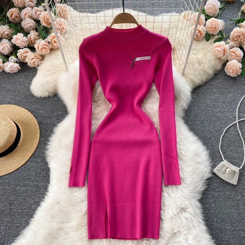 Autumn Winter Elegant Sexy Ribbed Knitted Bodycon Dress Warm High Neck Long Sleeve Zipper Mini Dress