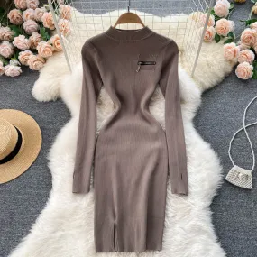 Autumn Winter Elegant Sexy Ribbed Knitted Bodycon Dress Warm High Neck Long Sleeve Zipper Mini Dress