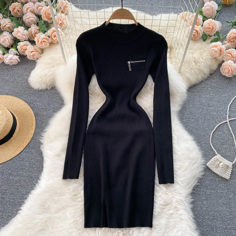 Autumn Winter Elegant Sexy Ribbed Knitted Bodycon Dress Warm High Neck Long Sleeve Zipper Mini Dress