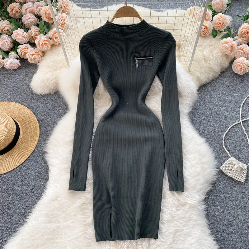 Autumn Winter Elegant Sexy Ribbed Knitted Bodycon Dress Warm High Neck Long Sleeve Zipper Mini Dress