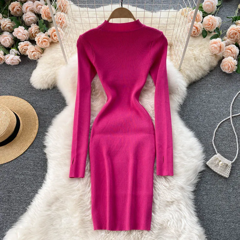 Autumn Winter Elegant Sexy Ribbed Knitted Bodycon Dress Warm High Neck Long Sleeve Zipper Mini Dress