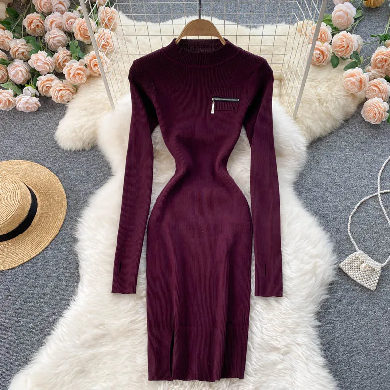 Autumn Winter Elegant Sexy Ribbed Knitted Bodycon Dress Warm High Neck Long Sleeve Zipper Mini Dress