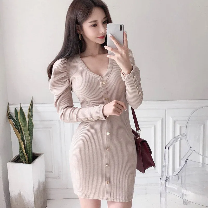 Autumn Winter V Neck Ribbed Knitted Long Puff Sleeve Bodycon Dress Front Button Sexy Mini Dress