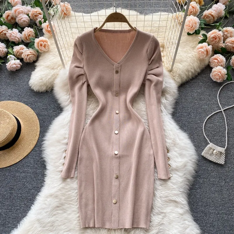 Autumn Winter V Neck Ribbed Knitted Long Puff Sleeve Bodycon Dress Front Button Sexy Mini Dress