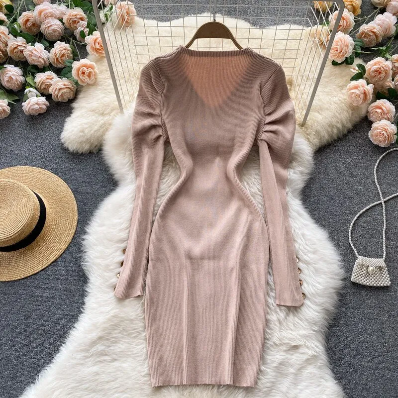 Autumn Winter V Neck Ribbed Knitted Long Puff Sleeve Bodycon Dress Front Button Sexy Mini Dress