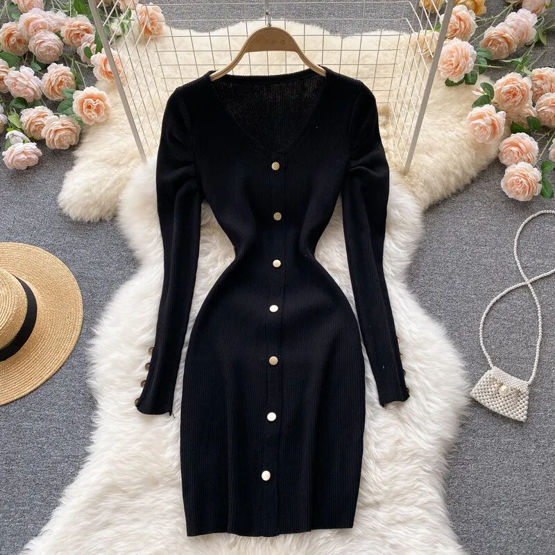 Autumn Winter V Neck Ribbed Knitted Long Puff Sleeve Bodycon Dress Front Button Sexy Mini Dress