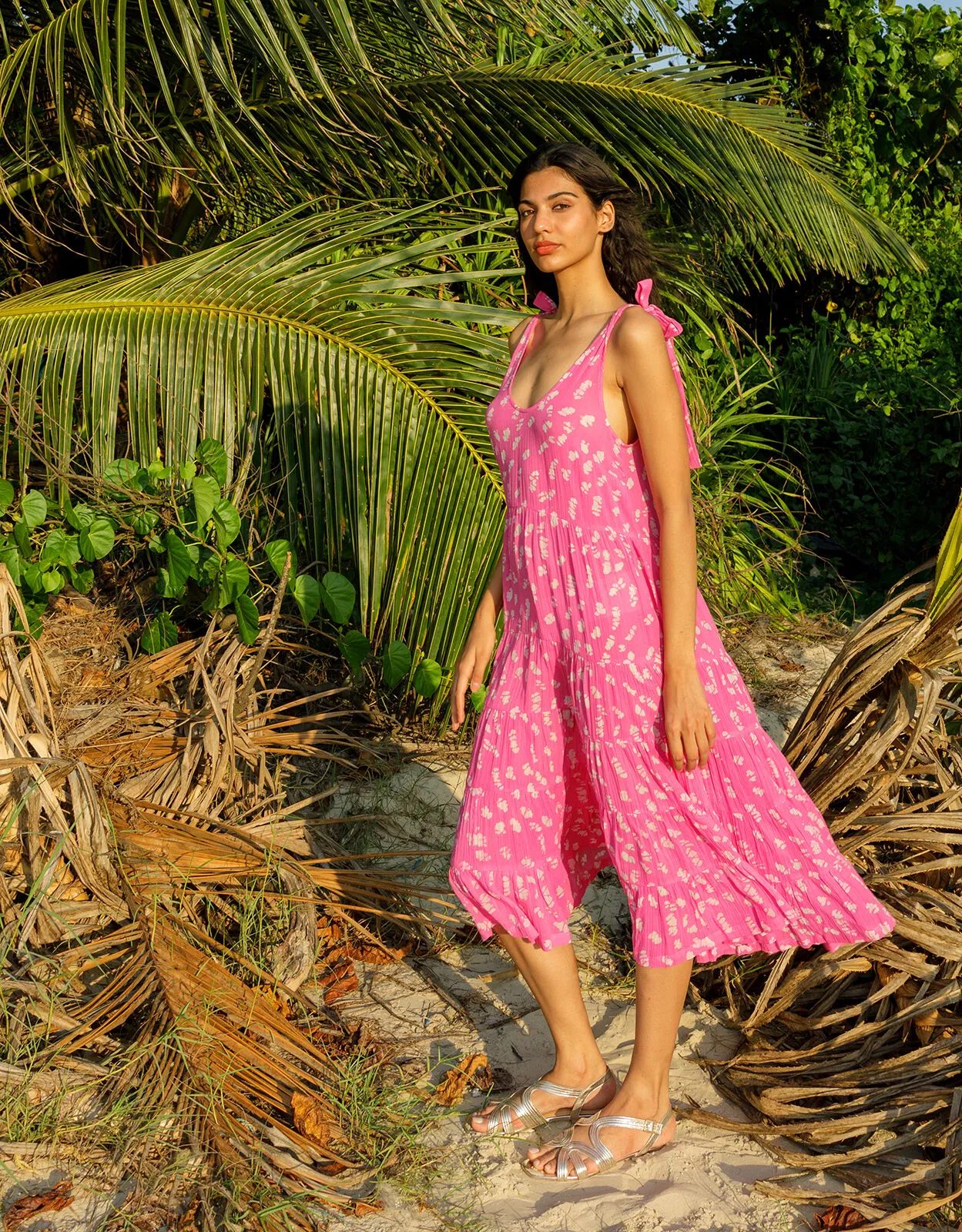 Batik Print Tiered Midi Dress Pink