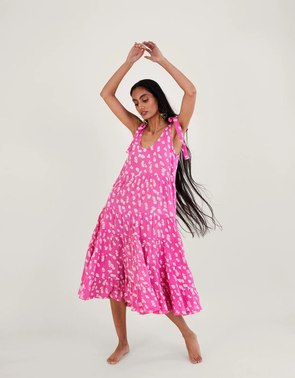 Batik Print Tiered Midi Dress Pink