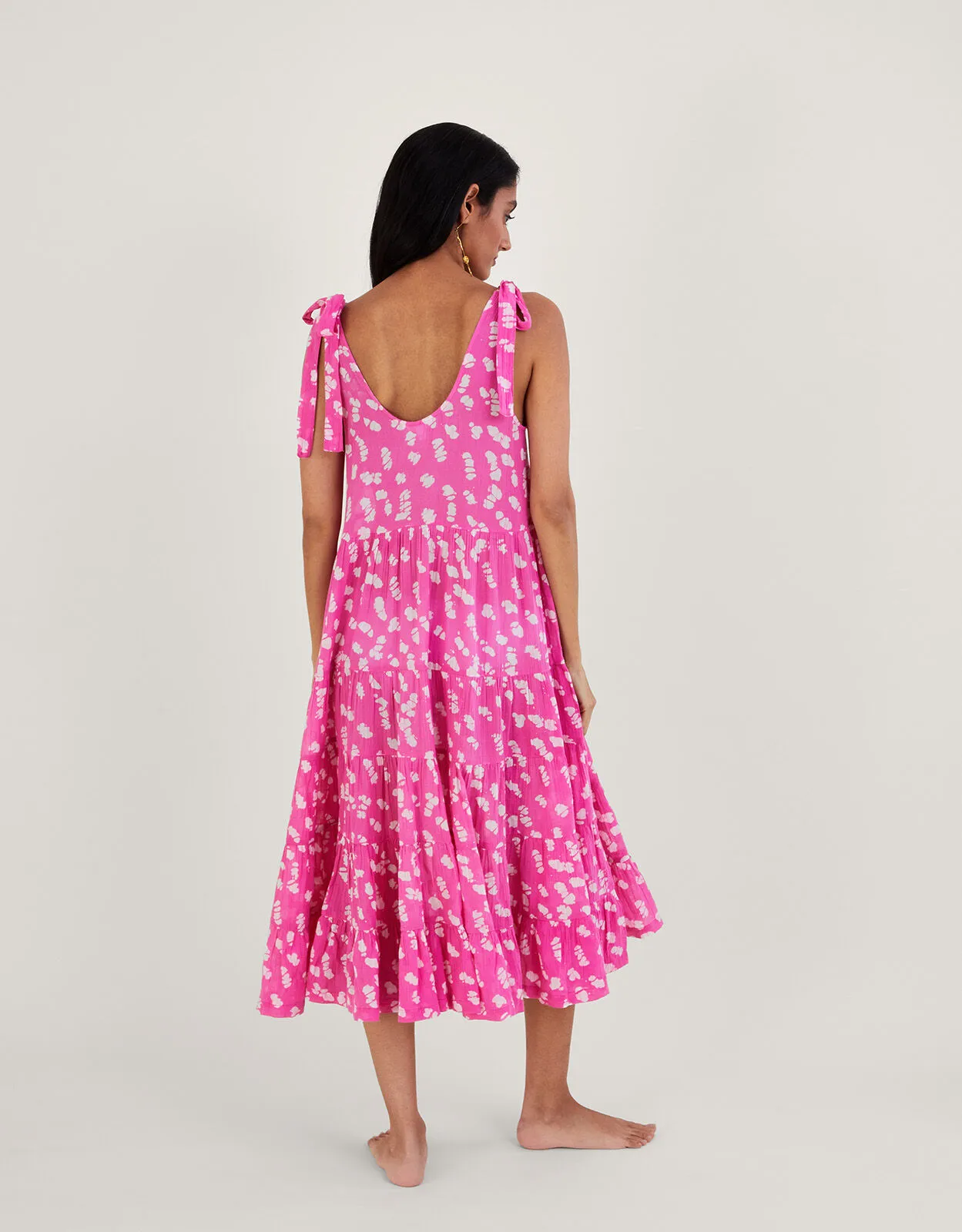 Batik Print Tiered Midi Dress Pink