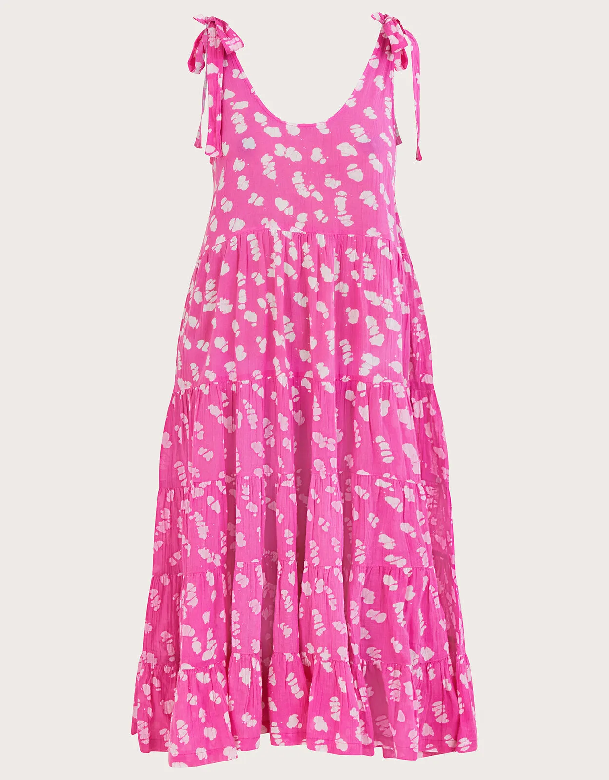 Batik Print Tiered Midi Dress Pink