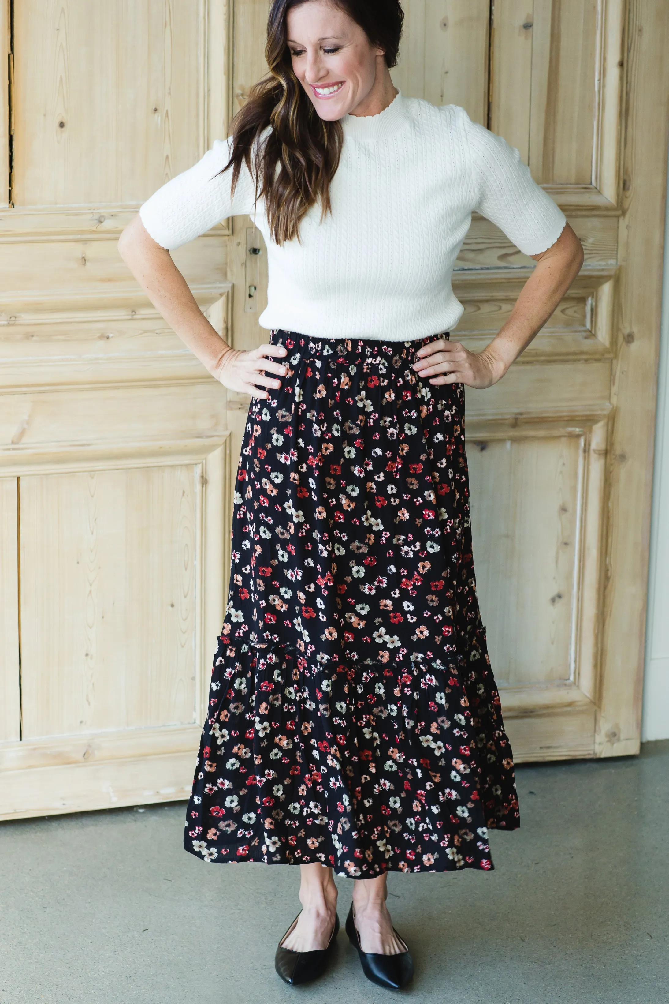 Black Floral Tiered Midi Skirt - FINAL SALE