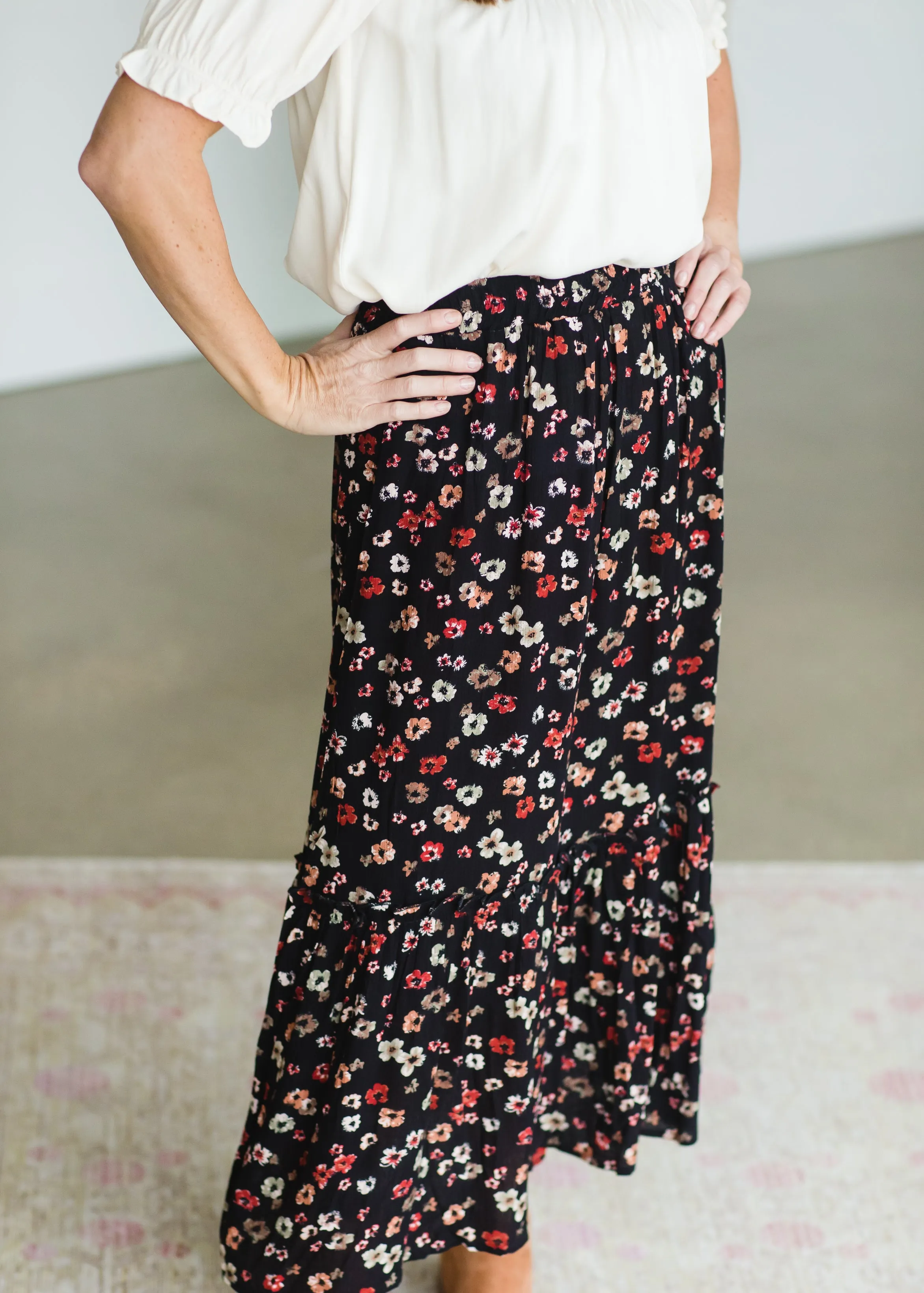 Black Floral Tiered Midi Skirt - FINAL SALE