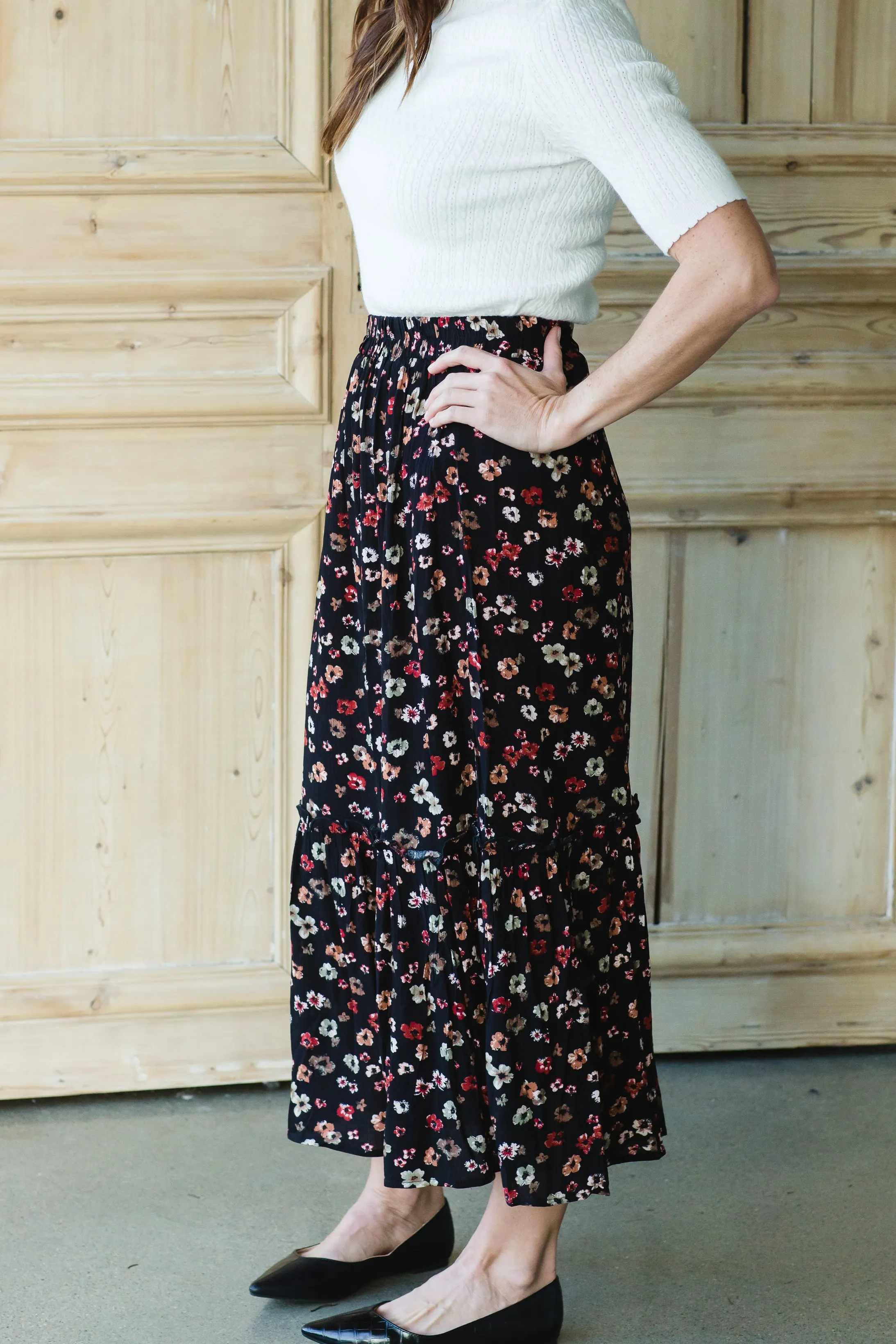 Black Floral Tiered Midi Skirt - FINAL SALE