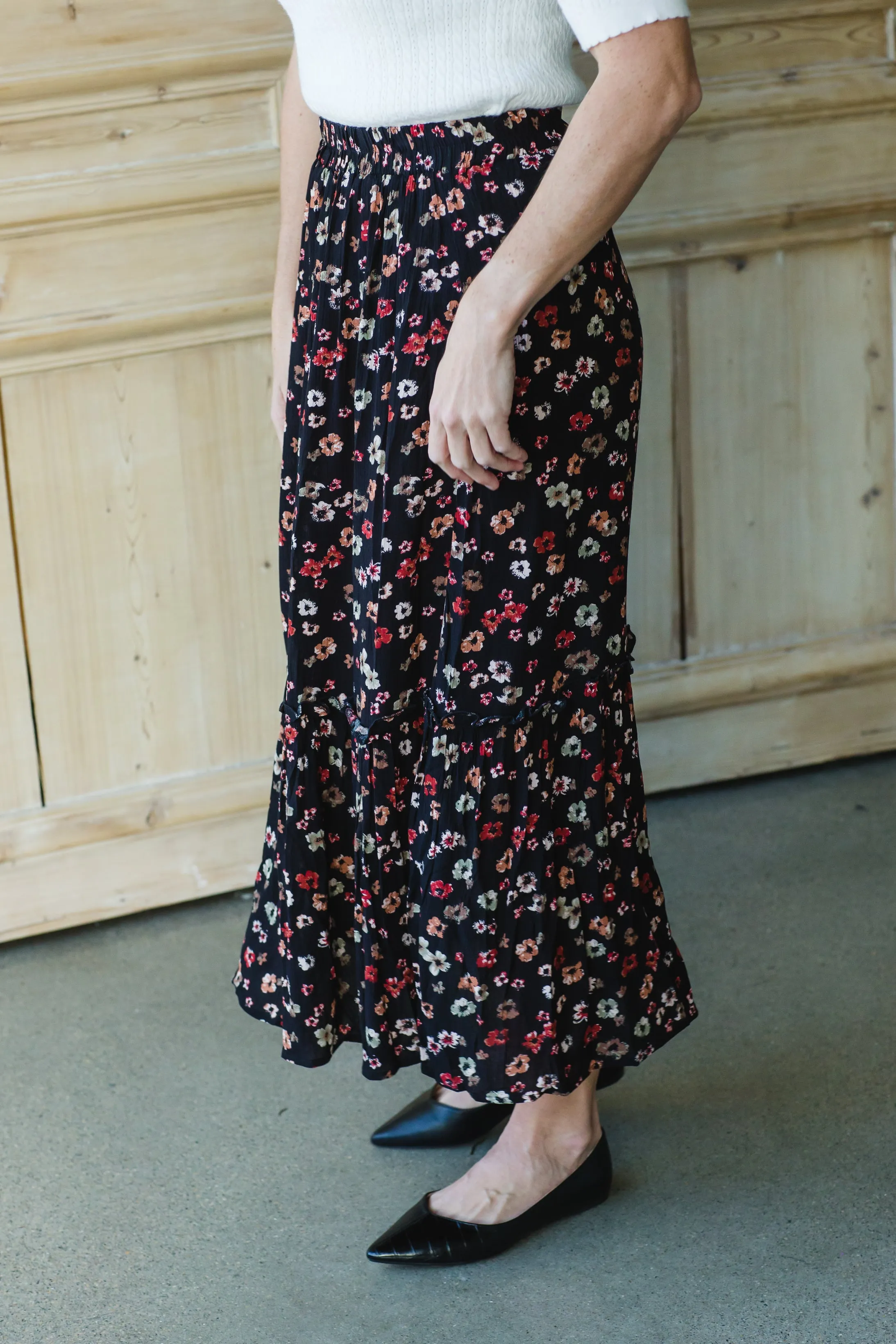 Black Floral Tiered Midi Skirt - FINAL SALE