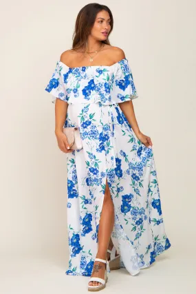 Blue Floral Overlay Off-Shoulder Side Slit Maternity Maxi Dress