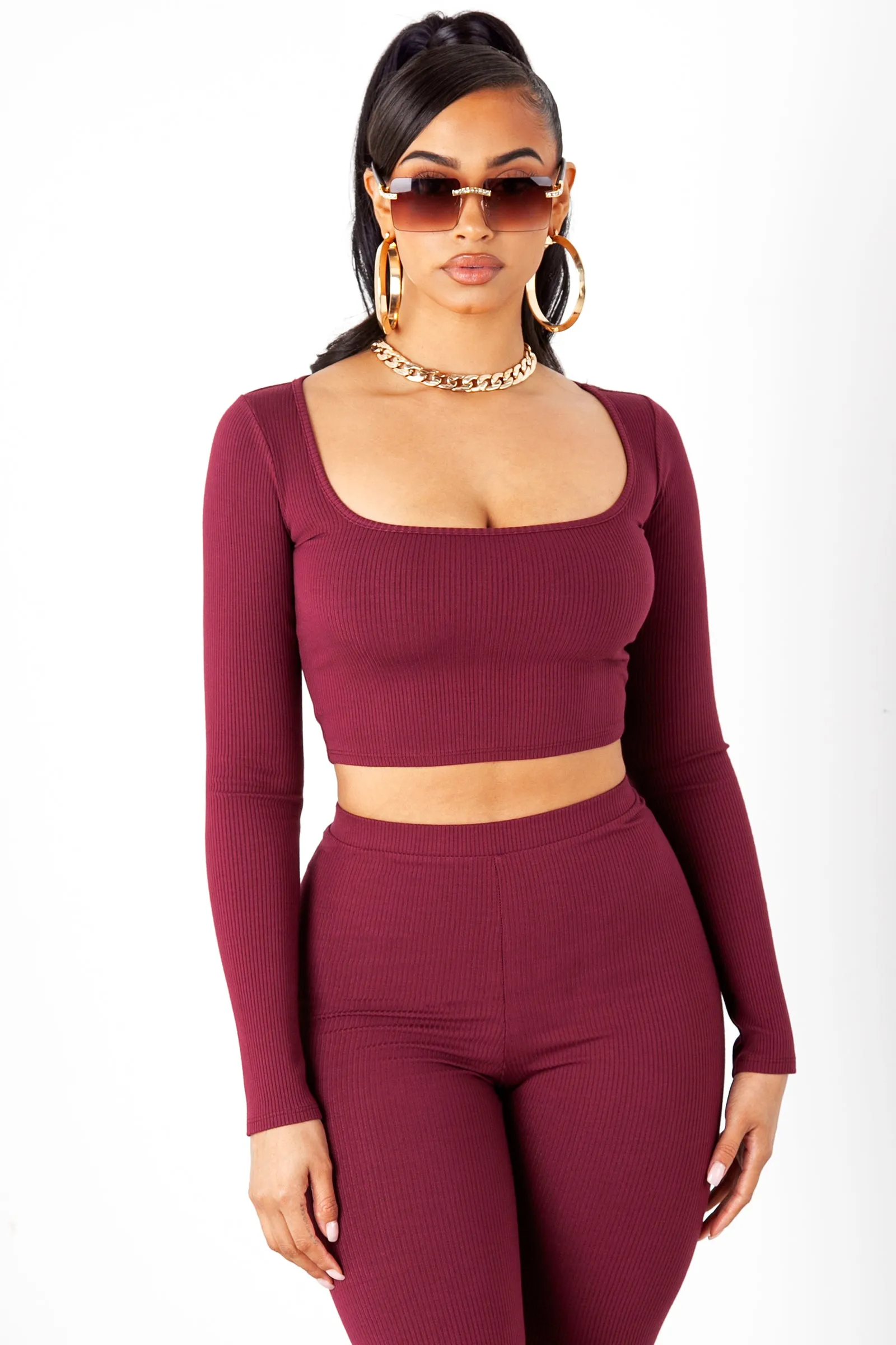 Burgundy Ribbed Long Sleeve Top