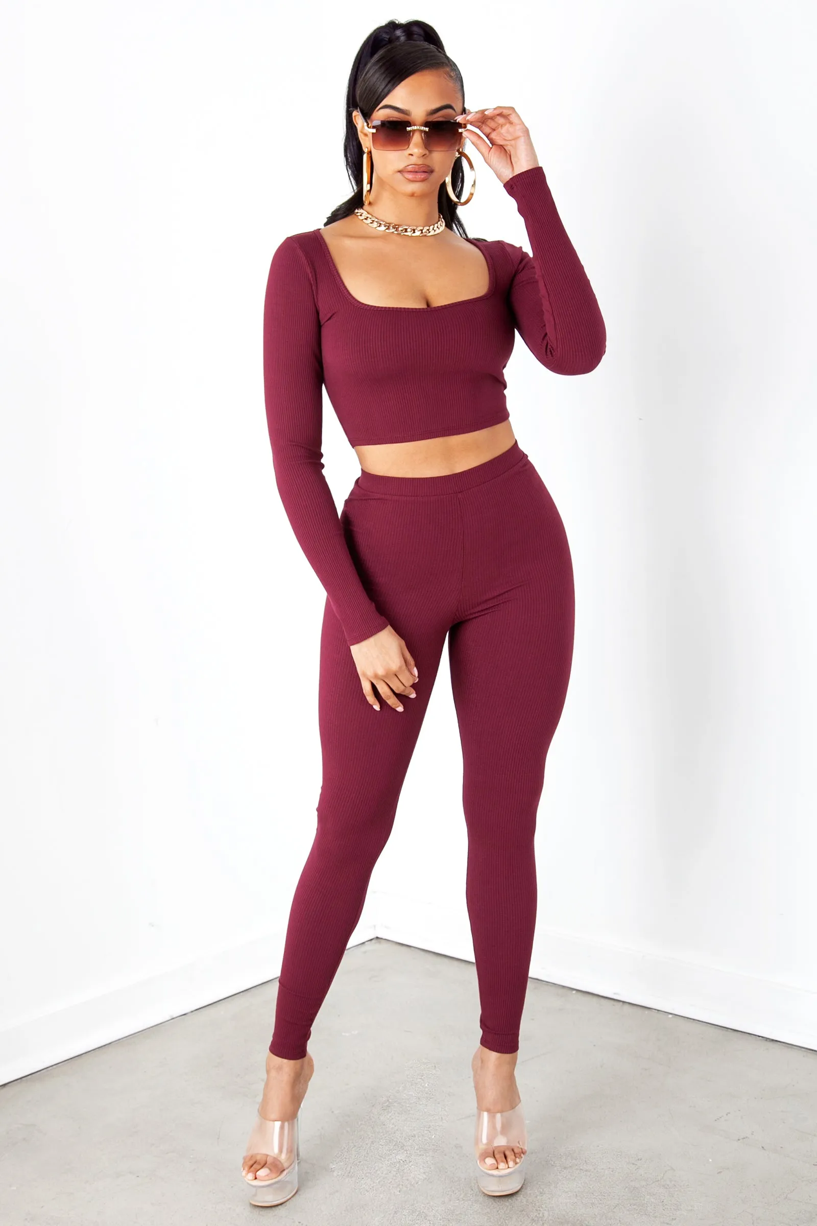 Burgundy Ribbed Long Sleeve Top