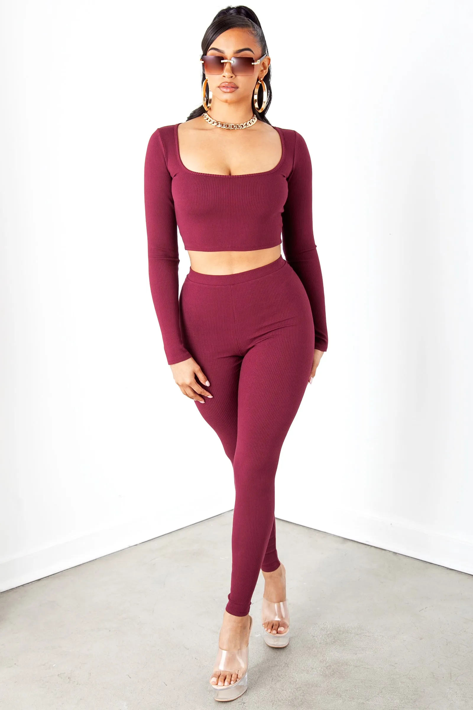 Burgundy Ribbed Long Sleeve Top