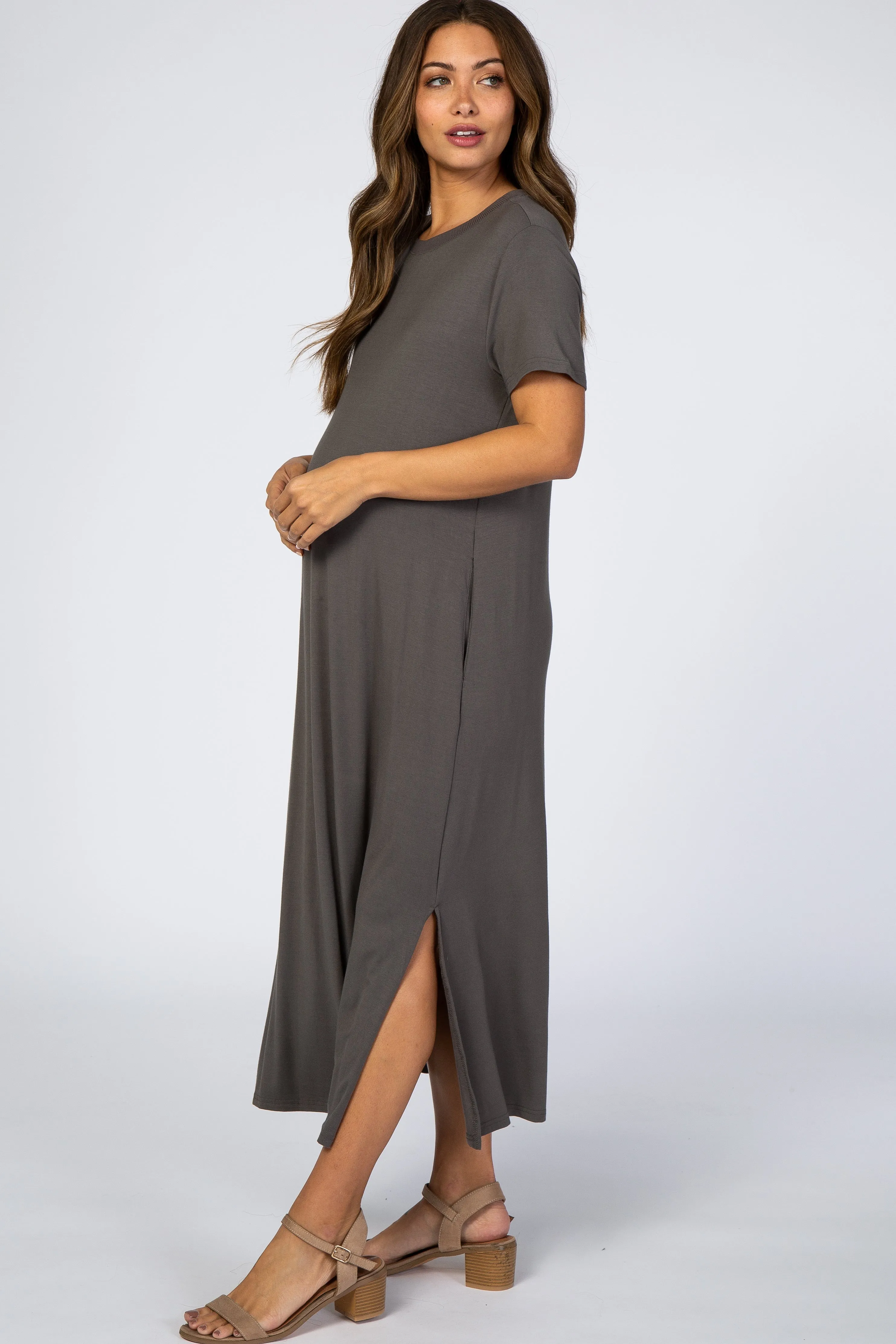 Charcoal Side Slit Maternity Midi Dress