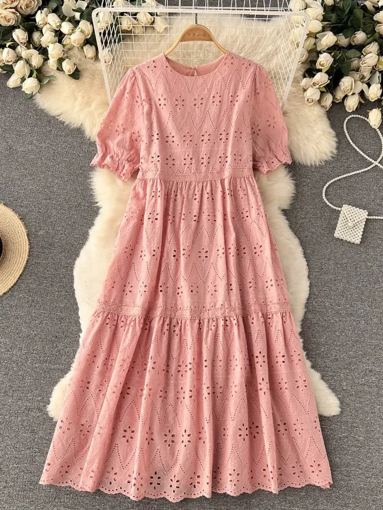 Cutwork Embroidery Dress Round Neck Short Puff Sleeve Tiered Casual Midi Dress