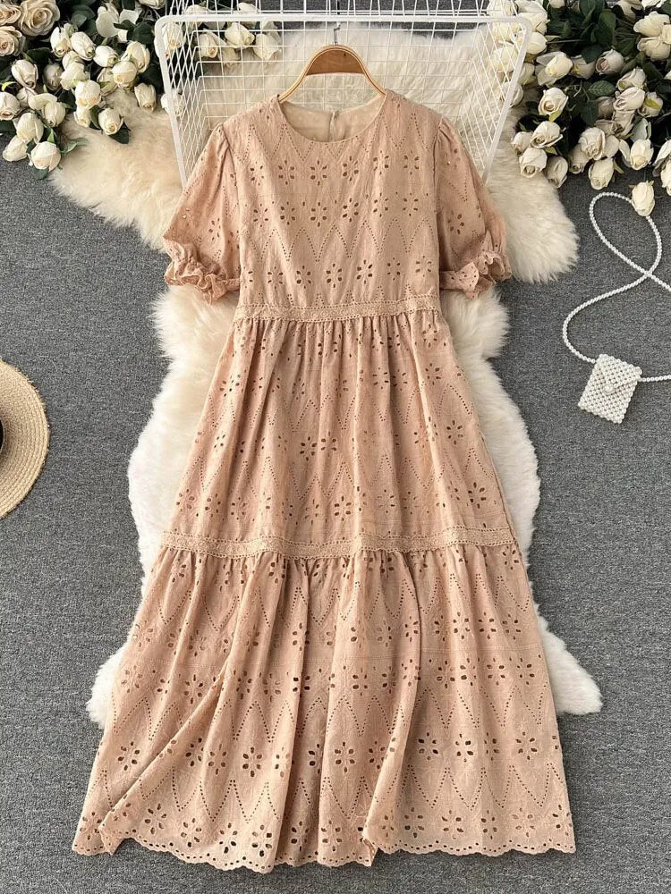 Cutwork Embroidery Dress Round Neck Short Puff Sleeve Tiered Casual Midi Dress