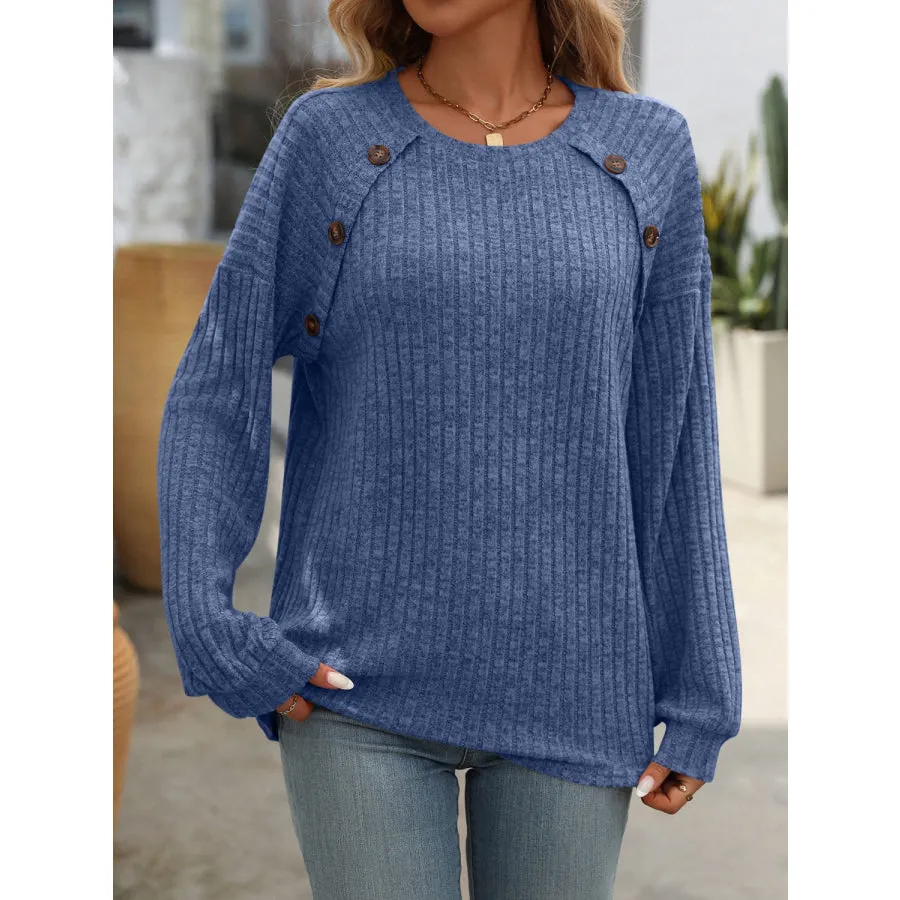 Decor Button Long Sleeve Ribbed T-Shirt