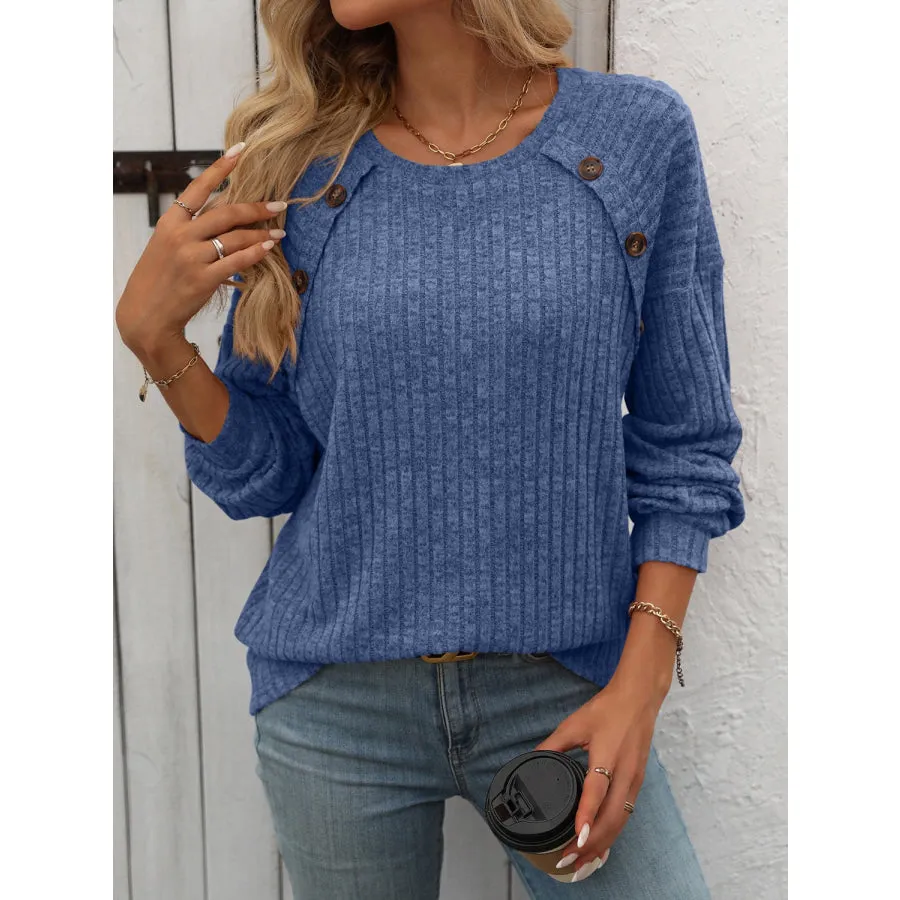 Decor Button Long Sleeve Ribbed T-Shirt