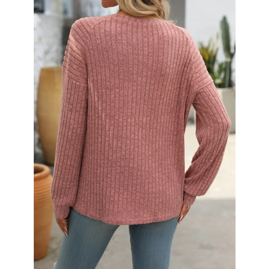 Decor Button Long Sleeve Ribbed T-Shirt