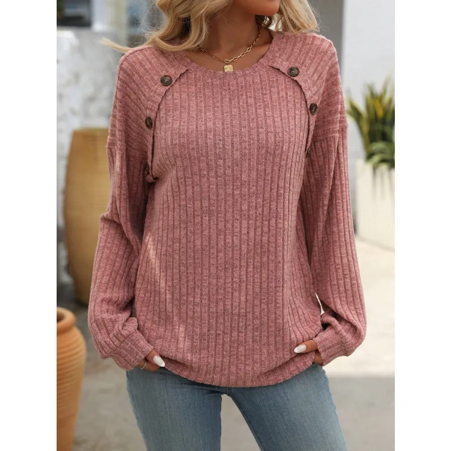 Decor Button Long Sleeve Ribbed T-Shirt