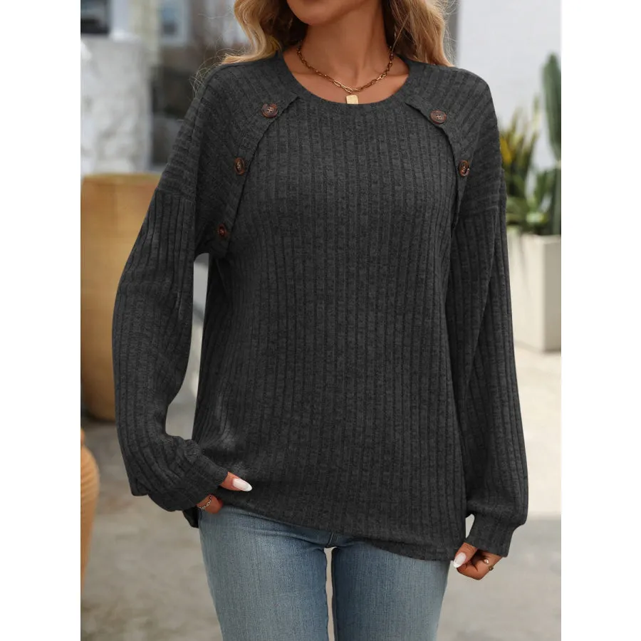 Decor Button Long Sleeve Ribbed T-Shirt