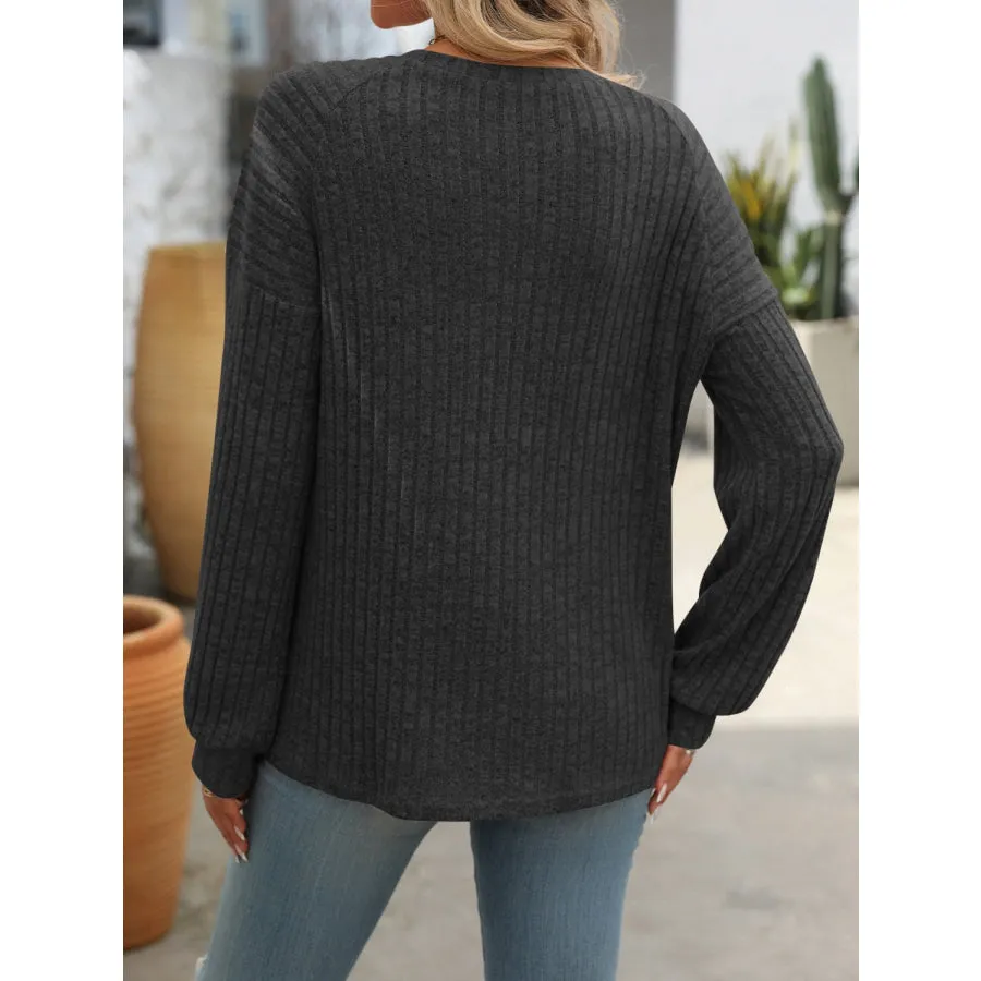 Decor Button Long Sleeve Ribbed T-Shirt