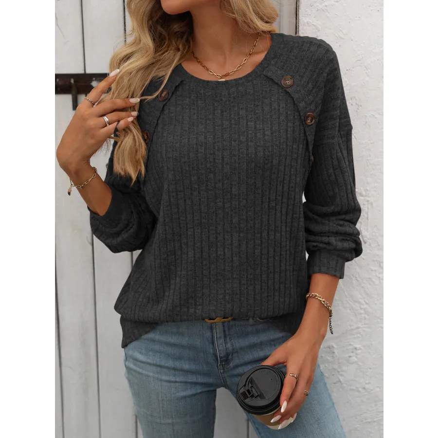 Decor Button Long Sleeve Ribbed T-Shirt