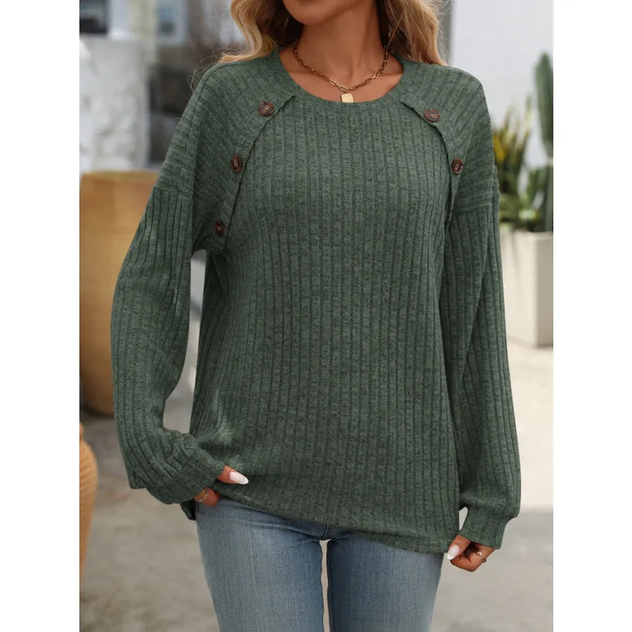 Decor Button Long Sleeve Ribbed T-Shirt