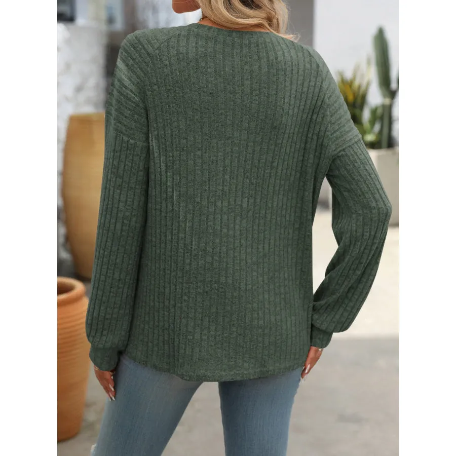 Decor Button Long Sleeve Ribbed T-Shirt