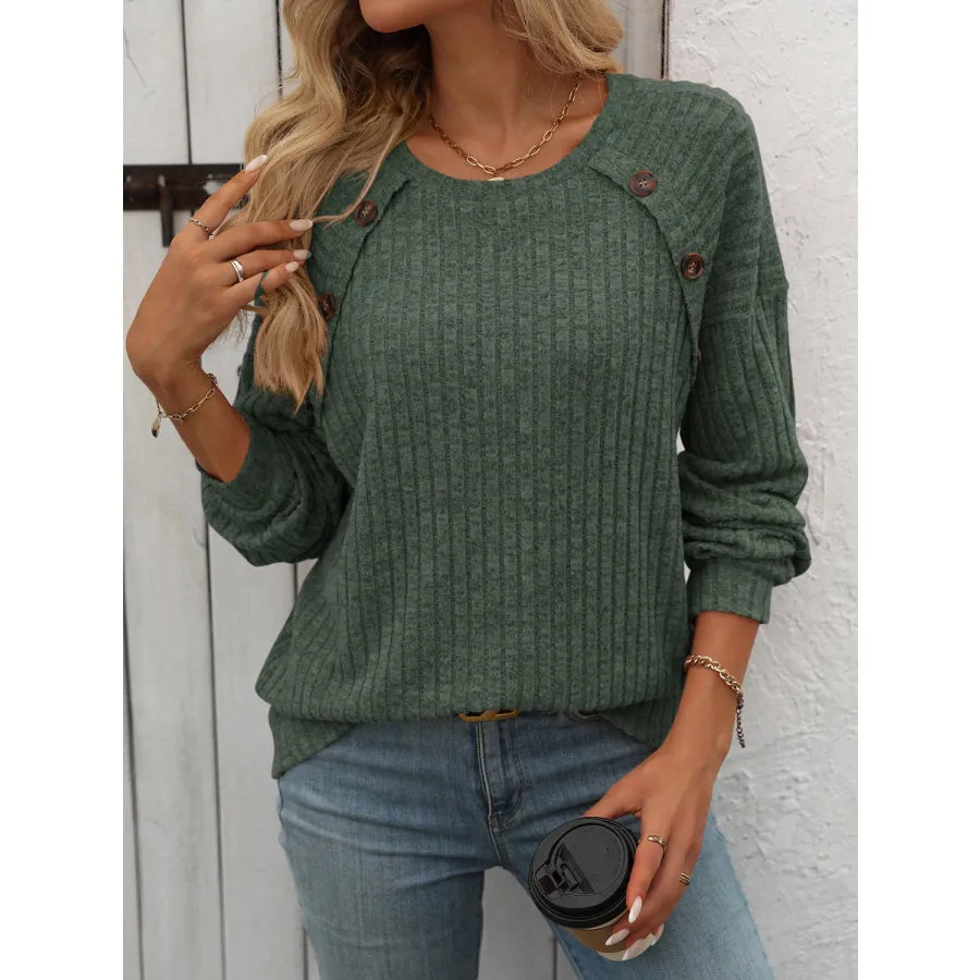 Decor Button Long Sleeve Ribbed T-Shirt