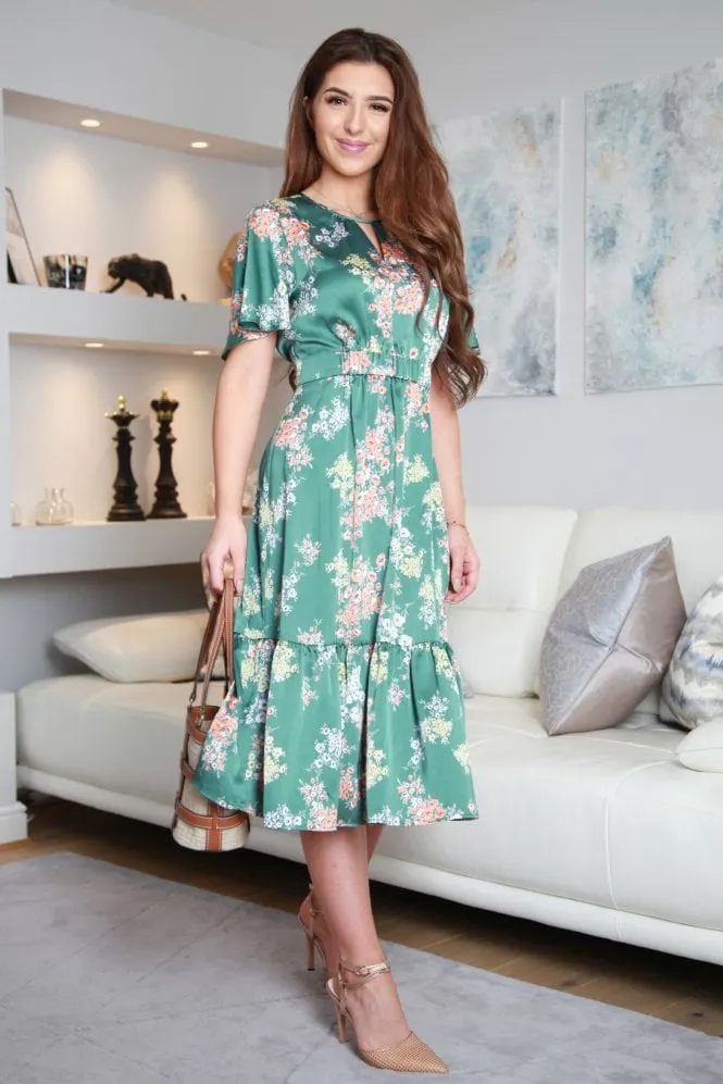 Double Second Green Floral Printed Satin Dress