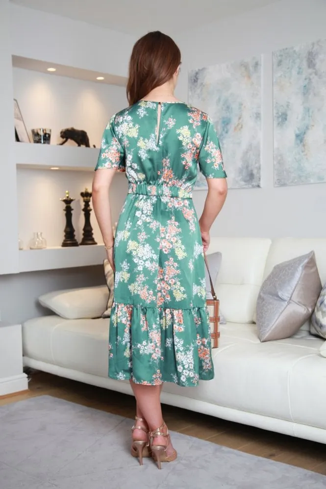 Double Second Green Floral Printed Satin Dress