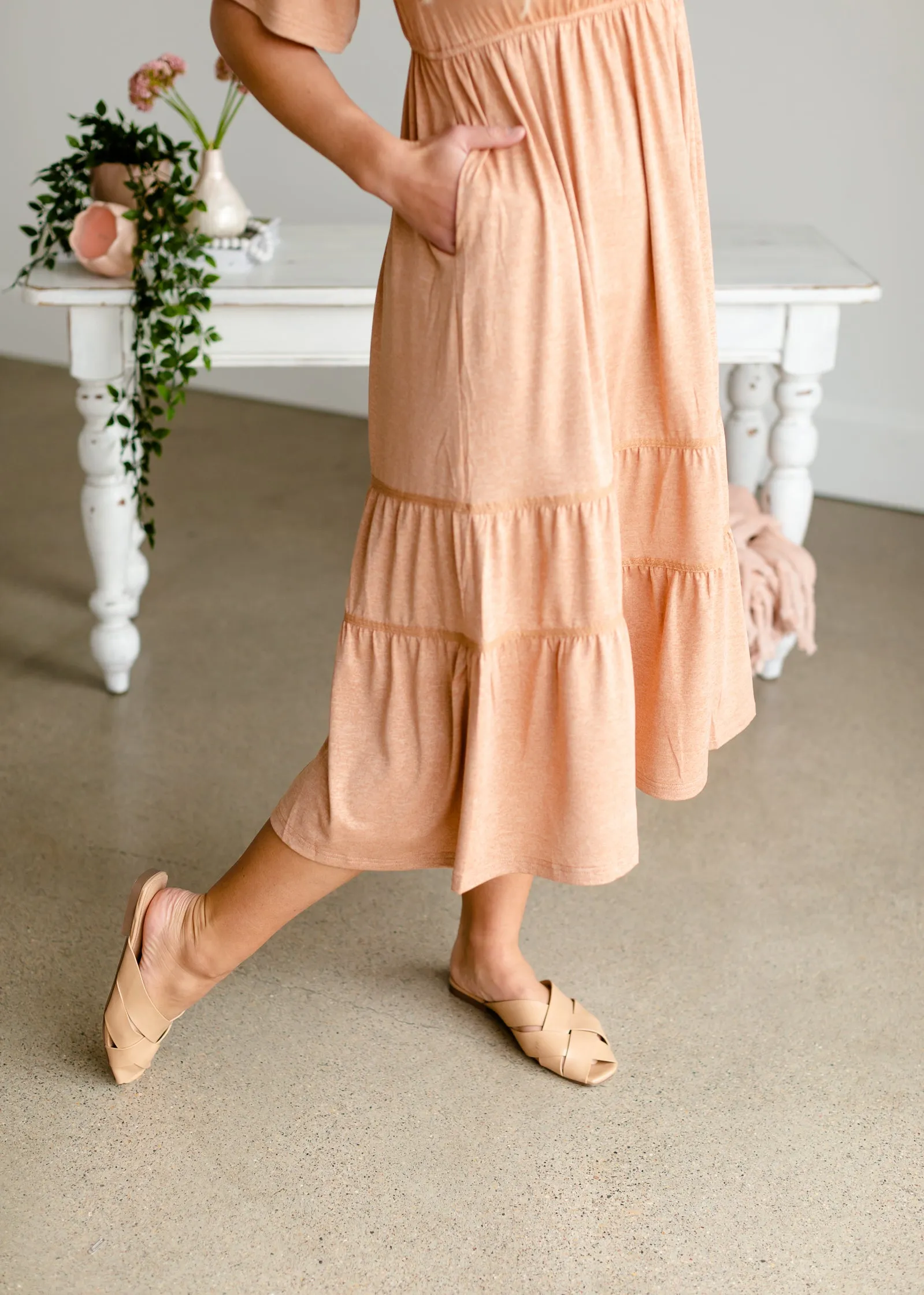 Dusty Peach Tiered Knit Midi Dress