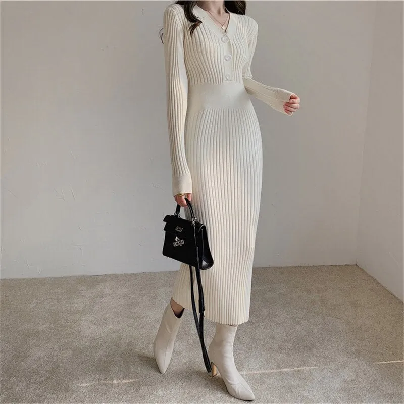 Fall Winter Midi V Neck Button Long Sleeve Elegant Ribbed Knitted Dress Chic Sexy Bodycon Dress