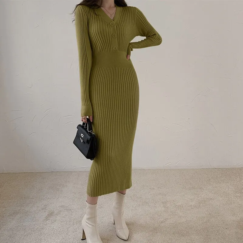 Fall Winter Midi V Neck Button Long Sleeve Elegant Ribbed Knitted Dress Chic Sexy Bodycon Dress