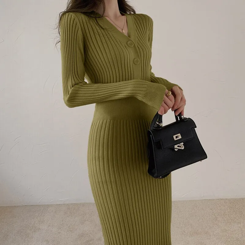 Fall Winter Midi V Neck Button Long Sleeve Elegant Ribbed Knitted Dress Chic Sexy Bodycon Dress