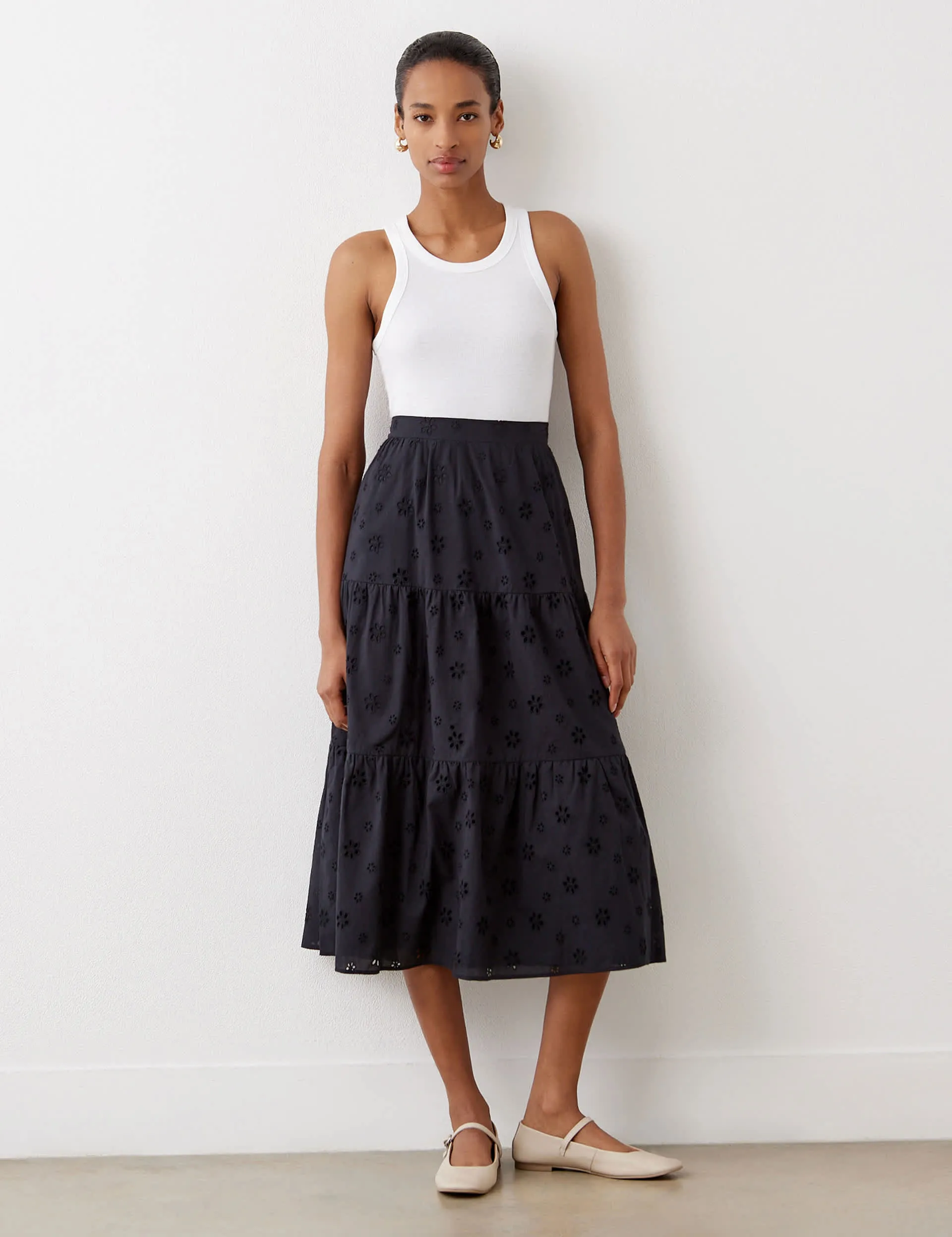 Finery London Women's Pure Cotton Broderie Midi Tiered Skirt - 18 - Black, Black