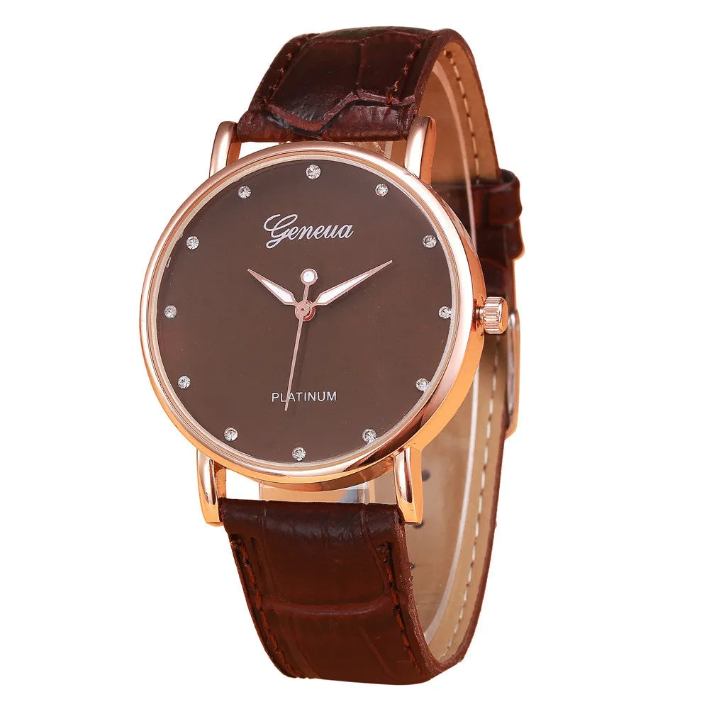 Geneva Quartz Watch Rhinestone Crystal Dress Clock Retro Design PU Leather Band Analog Relogio Feminino