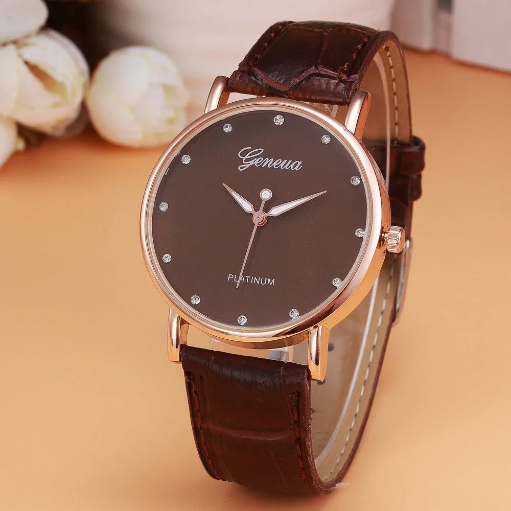 Geneva Quartz Watch Rhinestone Crystal Dress Clock Retro Design PU Leather Band Analog Relogio Feminino